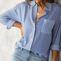 Women's Clothing Autumn New Striped Cardigan Top Loose Casual Long Sleeved Shirt Female