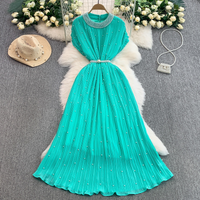 Clothing Light Luxury Celebrity Heavy Beaded Round Neck Dress Female Summer Waist Slimming Pleated Elegant Dress Long Skirt