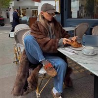 Luxury Faux Fur Coat Long Plush Fox Fur Jacket Oversized Casual Winter Coat Pockets Casual Lengthened Fox Fur Coat Loose