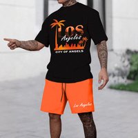 Summer Los Angeles Coconut Tree Sunset Print Casual Trend T Shirt Short Sleeve Shorts Set