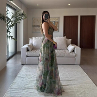Floral Print Mesh Sleeveless Maxi Dress – V Neck Line Sundress Vacation Party Casual Wear