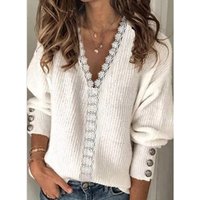 fashion clothing solid knitted V neck loose long sleeved T shirt