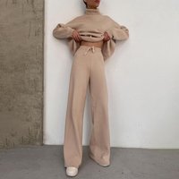 Long sleeved Wide leg Pants Fashion Suit Loose High neck Casual Two piece Set