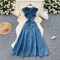Clothing Retro Niche Design Ruffle Stitching Single Breasted Waist Denim Dress Sleeveless Vest Dress