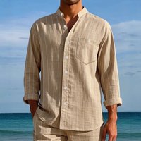 Linen Fashion Shirt Striped Stand Collar Loose Breathable Casual Short Sleeve Pocket
