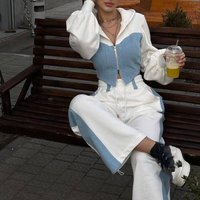 2024 style fashionable casual hoodie denim patchwork hooded top pants two piece set clothing