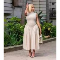 Clothing Summer Stand Up Collar Temperament Pleated Patchwork Waist Long Skirt Dress Dress