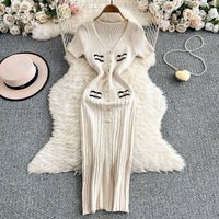 Clothing Temperament Single Breasted Sexy V Neck Short Sleeved Knitted Dress Summer Waist Slimming Hip Long Skirt
