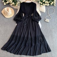 Lace & Pleated Balloon Sleeve Maxi Dress – Crystal Embellished Waist Elegant Swing Dress Fall Winter 