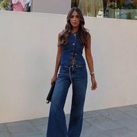 European American Clothing 2025 Spring Summer Sleeveless Vest Wide Leg Jeans Fashion Casual Suit