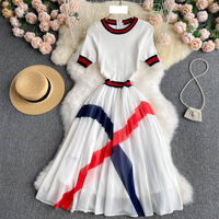 Women's knitted short sleeve design sense color matching stripe stitching heavy pressed chiffon dress new summer slimming dress