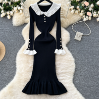 Retro Block Peter Pan Collar Dress – Stretchy High Waisted Line Knit Dress Flounce Hem 