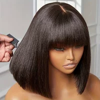 Cheap Short Bob Human Hair Wigs Bangs Fringe Wig Straight Lace Middle Part