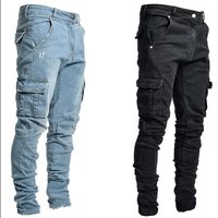 Men's Slim Fit Stretch Jeans Distressed Details Comfortable Cotton Denim Casual Wear Mid Waist Long Pants Royal Blue