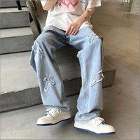 Clothing Straight Leg Jeans Light Blue Frayed Edge Cross Patterned Retro Trendy Spring Fashion Pants