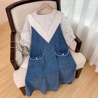 Clothing Plus V Neck Lace Stitching Denim Dress XX2522