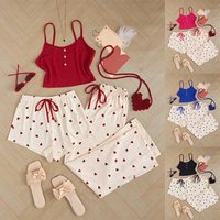 Women’s Clothing Three Piece Home Clothes Striped Heart Printing Casual Vest Pajamas Suspenders And Short Pants Suit