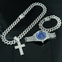 Men’s & Women’s Jewelry Set – Hip Hop Cuban Link Chain Necklace With Diamond-Cut Cross Pendant & Matching Bracelet, 15MM Wide, Alloy Gold/Silver Tone