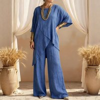 Summer Two Piece Set Cotton Linen Round Neck Sleeve Casual Irregular Hem Loose Fit