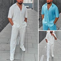 Clothing Casual Loose Beach Wear Solid Striped Short Sleeved Suit Shirt Two Piece Set