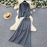 Clothing Temperament Elegant Two Piece Autumn Outfit Soft V Neck Cardigan Long Sleeve Knit Top High Waist Sweater Skirt Set