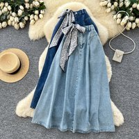 Korean Style Retro Silk Scarf Denim Midi Skirt High Waisted Slimming Line Long Skirt Spring Commuting Hong Kong Style