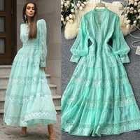 Clothing French Retro V Neck Lace Patchwork Waist Long Sleeves Big Swing Dress Slim Elegant Long Skirt