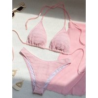 Women's Clothing Pure Color Mesh Three Piece Swimsuit Lace Up Sexy Beach Bikini Swimsuit Women Summer
