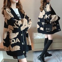2021 winter knitted cardigan loose Street knitted sweater coat lovely cartoon embroidery V neck cardigan