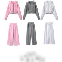 French Style Hooded Crop Top & Pants Set - Women's Casual Streetwear Outfit - Polyester Two-Piece Lounge Wear (White/Pink, S/M/L)
