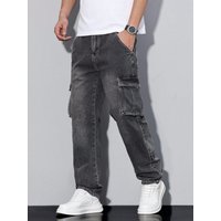 American Style Multi Pocket Cargo Jeans Straight Leg Loose Fit Gray Heavyweight Trendy Wide Leg
