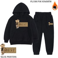 Kids' Teddy Bear Print Fleece Set - Hooded Zip-Up Jacket & Joggers, Cozy Streetwear Outfit