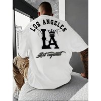 100% Pure Cotton Men's Summer Fashion Short Sleeved Shirt With Letter And Large LA Pattern Printed Casual Slim Fit Versatile T-shirt Top