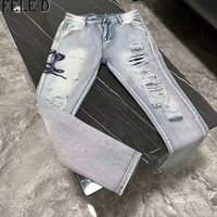 Trendy Summer Embroidered Jeans Hong Kong Style Hip Hop High Street Cool Stylish mid Waist Long Pants Cotton Gray Blue