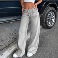 Clothing Retro Low Waist Non Elastic Washed Straight Jeans Wide Leg Denim Pants