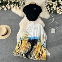 Clothing Ins Style Temperament Summer Short Knitted Top + Medium Length Pleated Printed Skirt Two Piece Suit