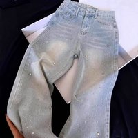 Light Blue Star Rhinestone Jeans – High Waisted Flared Pants Elegant & Slimming Wide Leg Denim 