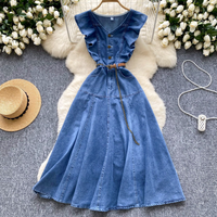Clothing Retro Design V Neck Ruffle Stitching Single Breasted Waist Slimming Temperament Knee Length Denim Dress