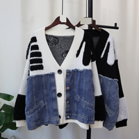 Clothing 2024 autumn winter patchwork denim knitted cardigan loose casual design matching lazy sweater jacket