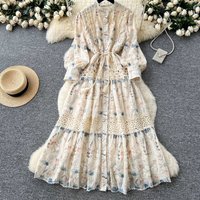 Elegant Lace Trim Empire Waist Floral Embroidered Maxi Dress – French Inspired A-Line Boho Chic Long Sleeve Gown For Women