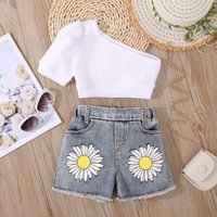 Baby Clothing Kids and girls pit strip solid color short-sleeved top printed denim open-pocket shorts