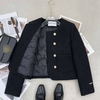 Chic Quilted Tweed Jacket For Women - Double-Breasted Winter Coat With Cotton Padding, Elegant Blazer For Fall & Winter