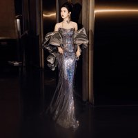 Clothing evening dress long skirt female host celebrity banquet annual meeting temperament light luxury tube top dress