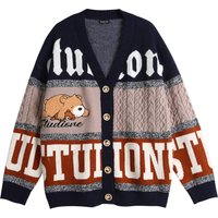 Men's Clothing trendy casual bear jacquard knitted cardigan jacket original color matching V neck sweater