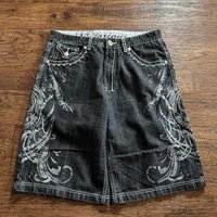 Heavy Embroidery Rhinestone Denim Shorts Trendy Harajuku Style Dark Style