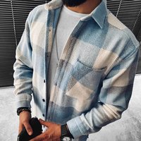  Casual Long Sleeve Checkered Shirt Lightweight Polyester Relaxed Fit Stand Collar Pocket 