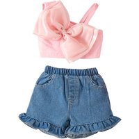 Clothing sweet set gauze bow one shoulder strap lace denim shorts two piece set