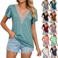 Clothing Casual Lace V neck Tile Short Sleeve Solid T shirt Top