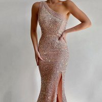 Women's Wear Pink Slit Long Skirt One Shoulder Sequined Dress