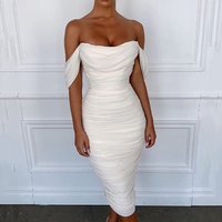 Mesh Pleated One Shoulder Dress Casual Elegant Style Knee Length Gown